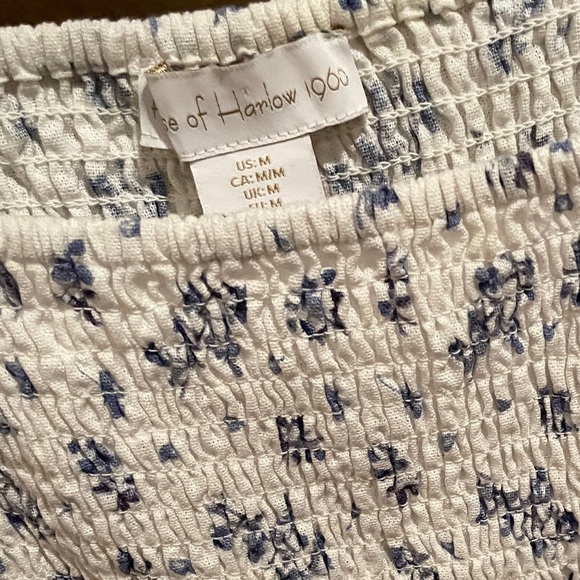 House of Harlow Blue White Floral Linen Smocked Dress Prairie Boho Feminine M - Picture 7 of 9